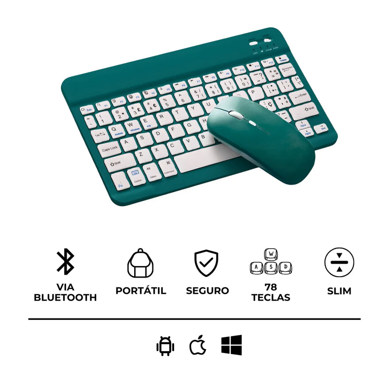 Teclado sem fio Bluetooth recarregável com mouse - Verde